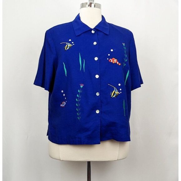 Vintage Tops - Vintage 90s Top Dark Blue Fish Embroidered Short Sleeve Blouse Women's 20W